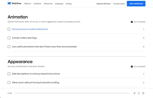 Extrait de la checklist d'accessibilité disponible sur le site de Webflow